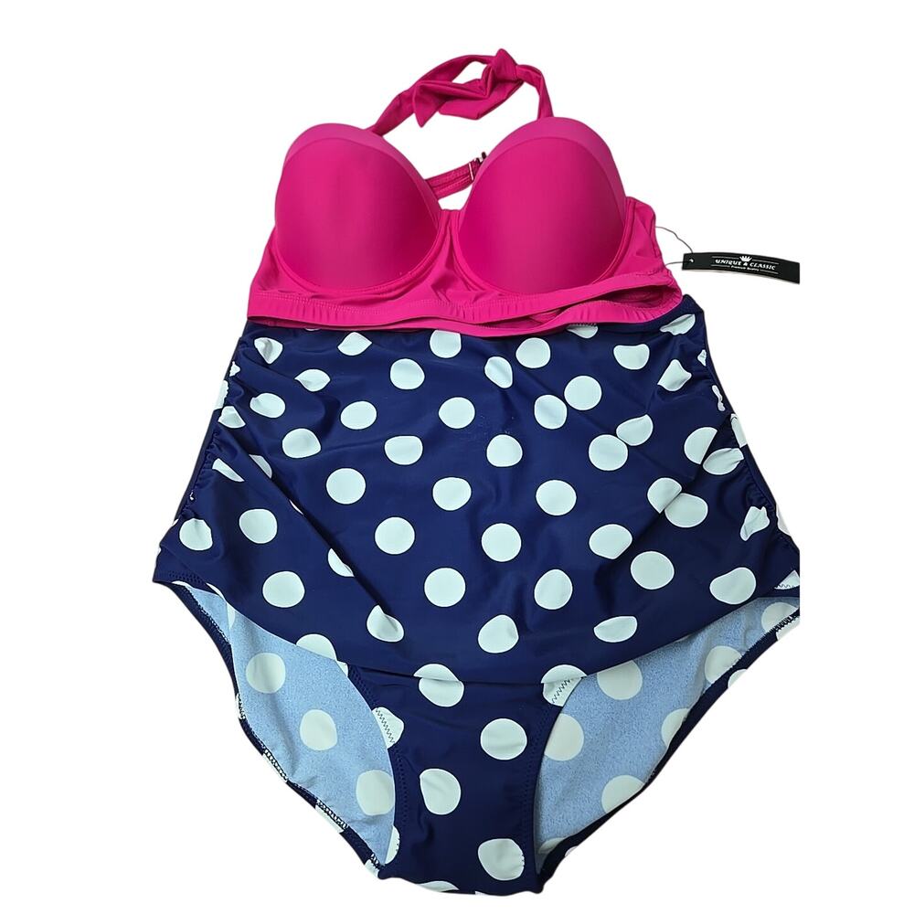 NWT Unique & Classic 2 piece bathing suit 4XL Blue Polka Dots Pink Top
